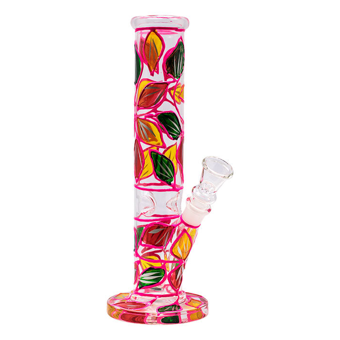 Hand Painted Pink Leaves 10 Inch Glass Bong